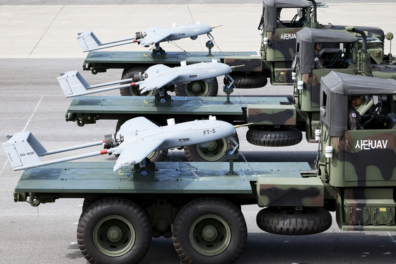 Small unmanned aerial vehicles are spotted at a ceremony marking South Korea’s 76th Armed Forces Day at Seoul Air Base in Seongnam, Gyeonggi, Tuesday. [JOINT PRESS CORPS]