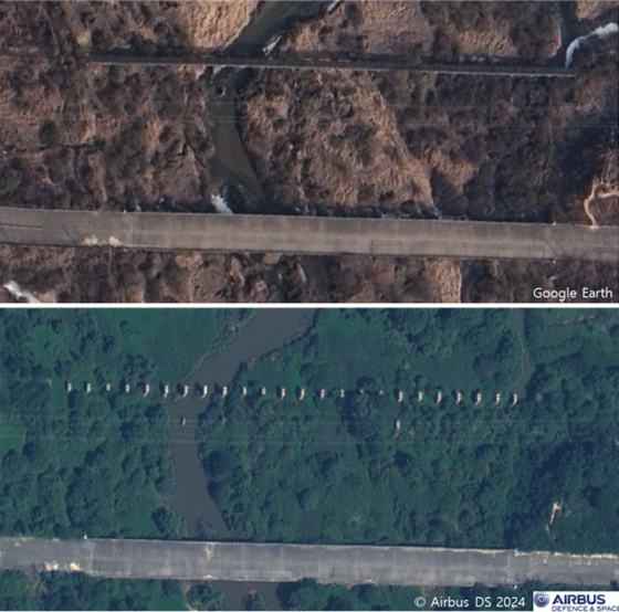 A Gyeongui Line railway bridge in North Korea was still intact in the photo above taken on Feb. 10, but by Sept. 23, its deck appears to have disappeared, leaving only the bridge structure. [GOOGLE EARTH/AIRBUS/MINISTRY OF UNIFICATION]