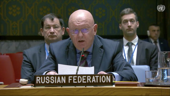 This image from United Nations Television shows Russia Ambassador Vasily Nebenzya during a meeting of the United Nations Security Council in New York on Wednesday. [AP/YONHAP]