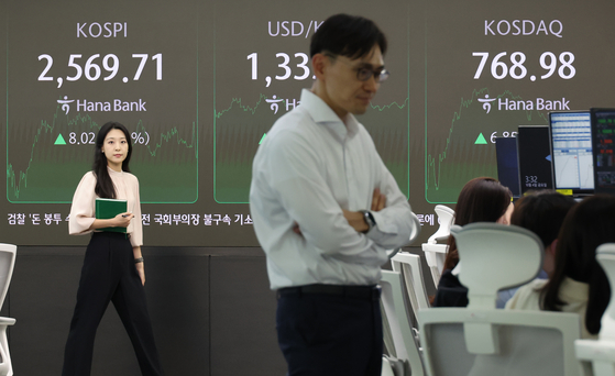 A screen in Hana Bank's trading room in central Seoul shows the Kospi closing at 2,569.71 on Friday. [YONHAP] 