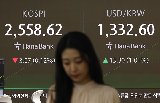 A screen in Hana Bank's trading room in central Seoul shows the Kospi opening on Friday. [YONHAP]