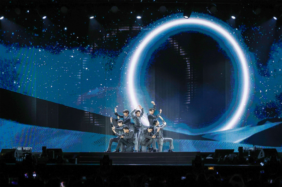 Boy band Enhypen on stage at Goyang Stadium during its "Walk The Line" world tour concert in Gyeonggi on Oct. 5. [BELIFT LAB]