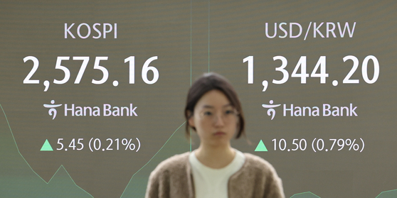 A screen in Hana Bank's trading room in central Seoul shows the Kospi opening on Monday. [YONHAP] 