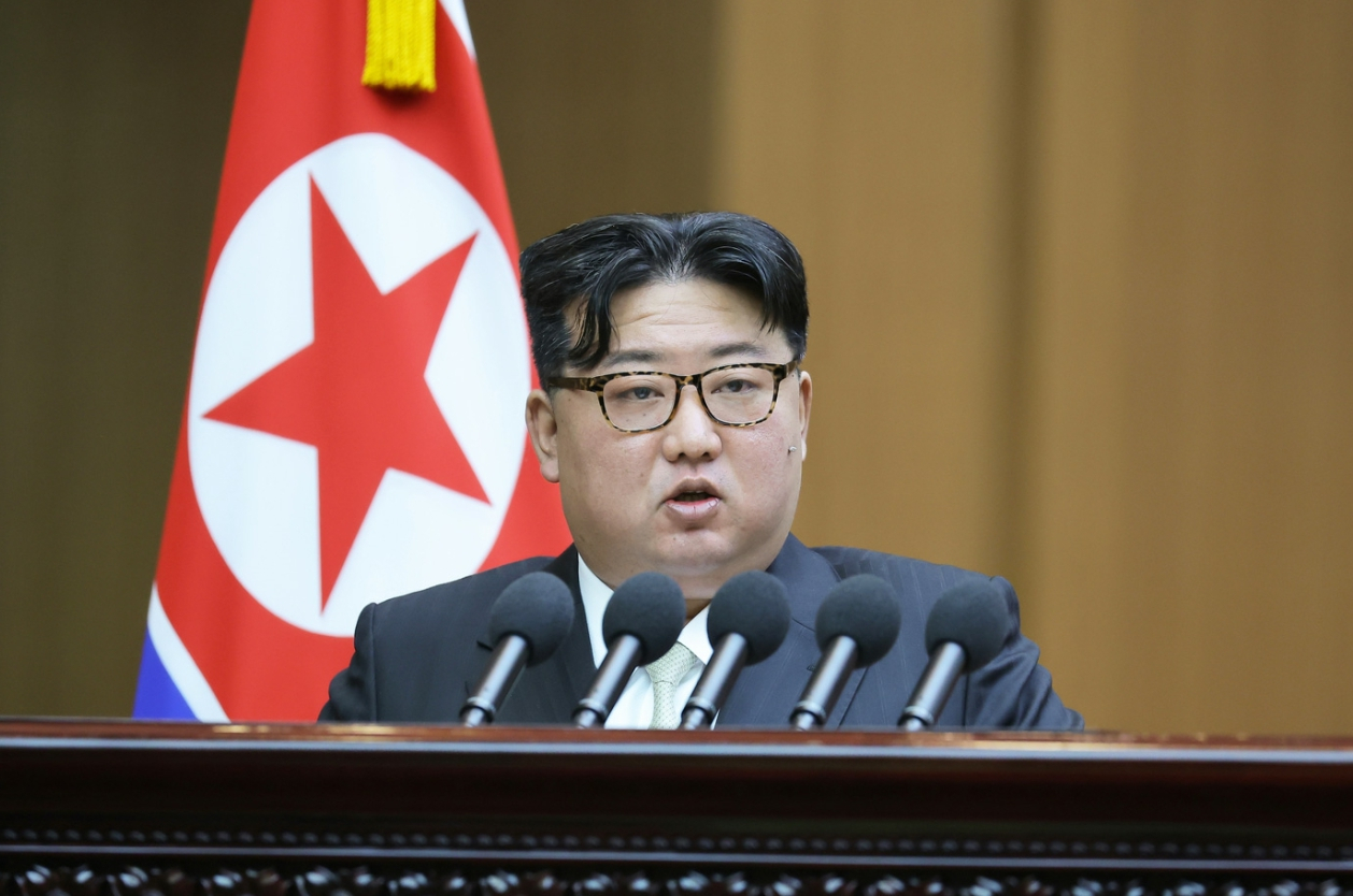 Screen capture from Rodong Sinmun shows North Korean leader Kim Jong-un speaking at a Supreme People's Assembly meeting held on Jan. 15. [SCREEN CAPTURE]