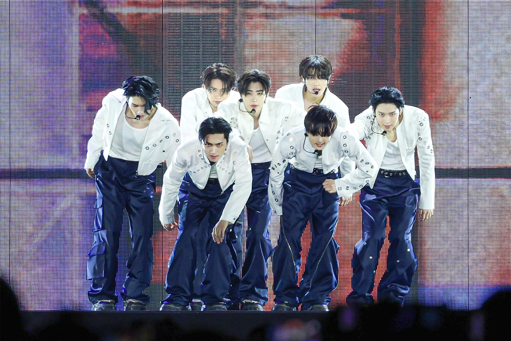 Boy band Enhypen on stage at Goyang Stadium during its "Walk The Line" world tour concert in Gyeonggi on Oct. 5. [BELIFT LAB]