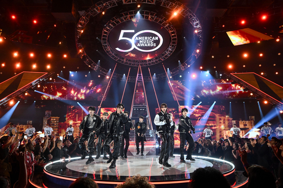 Boy band Stray Kids performs at the American Music Awards 50th Anniversary Special held at LA Center Studios in Los Angeles, California on Oct. 6. [JYP ENTERTAINMENT]