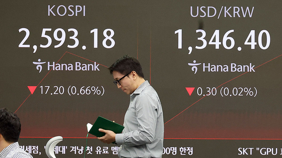 A screen in Hana Bank's trading room in central Seoul shows the Kospi opening on Tuesday. [YONHAP]