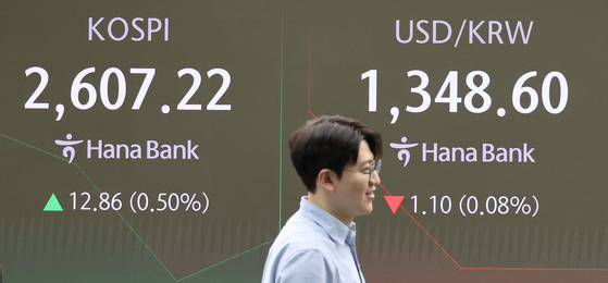 A screen in Hana Bank's trading room in central Seoul shows the Kospi opening on Thursday. [YONHAP]