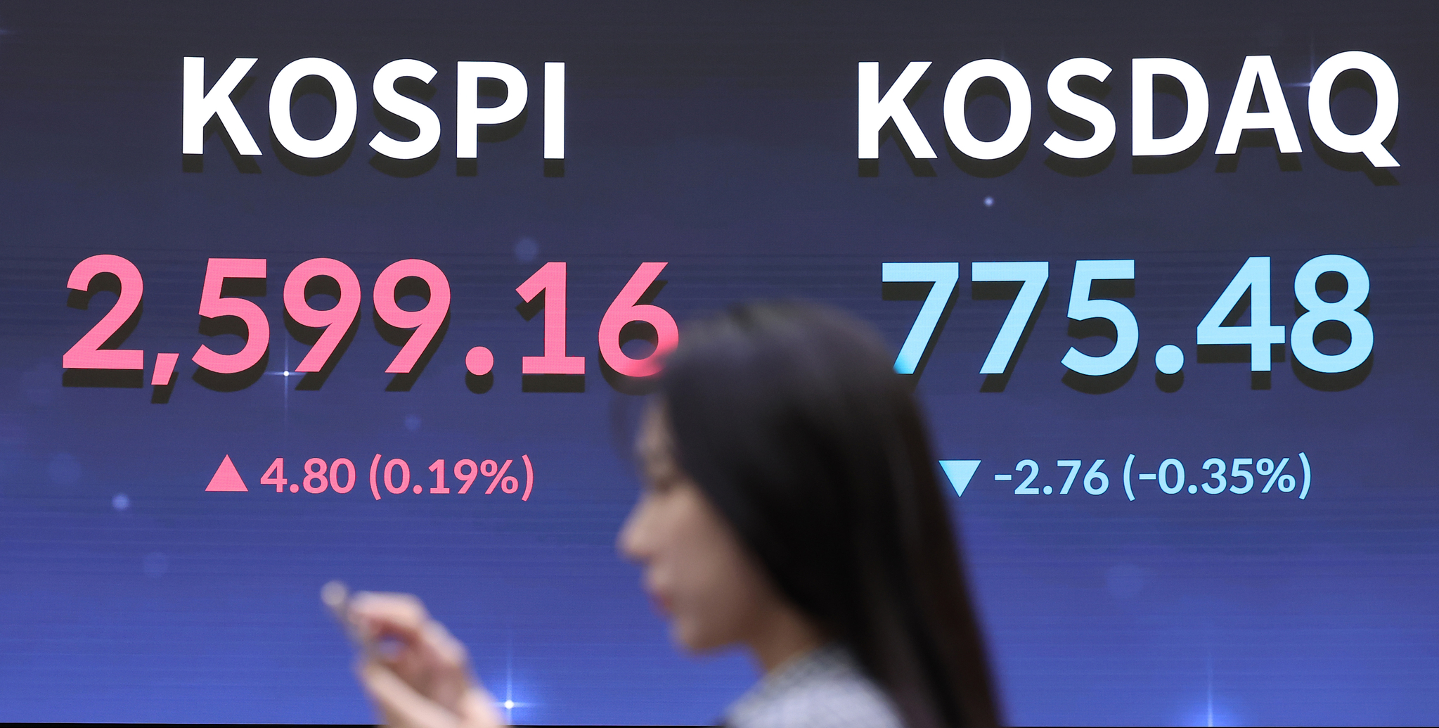 A screen in the Korea Exchange's trading room in central Seoul shows the Kospi closing at 2,599.16 points on Thursday.[NEWS1] 