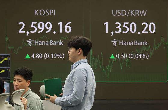 A screen in Hana Bank's trading room in central Seoul shows the Kospi closing on Thursday. [YONHAP]