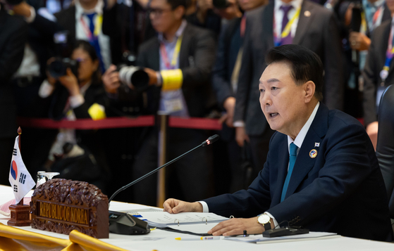 President Yoon Suk Yeol speaks at the Korea-Asean summit held at the National Convention Center in Vientiane, Laos on Thursday. [NEWS1]