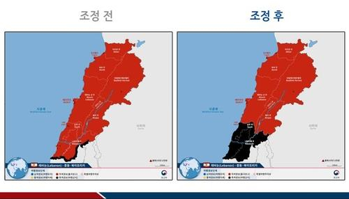 This composite graphic map shows South Korea's adjustment of the travel warning for Lebanon, as provided by the Foreign Ministry on Friday. The travel ban applies to areas colored in black, with the right image showing the latest update. [YONHAP]