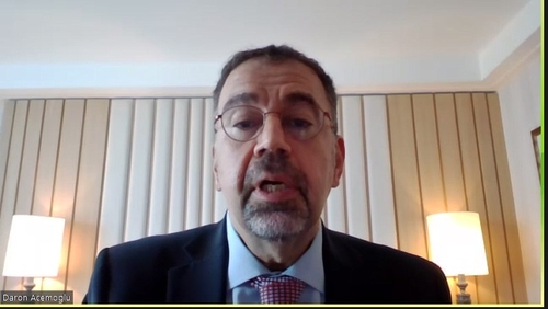 Daron Acemoglu, a professor at the Massachusetts Institute of Technology (MIT), speaks during an online press briefing on Monday. [SCREEN CAPTURE] 