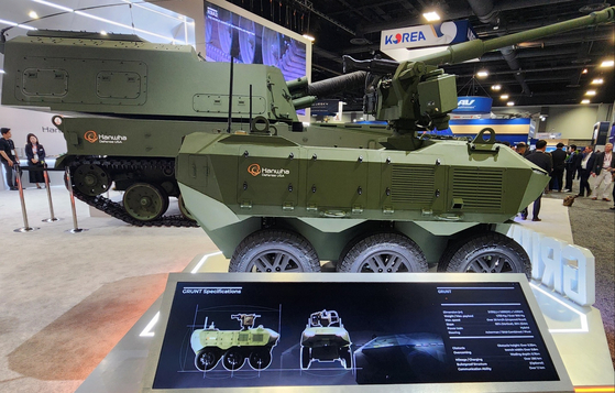 A ground uncrewed transport, produced by Hanwha Aerospace, is on display during the Association of the United States Army 2024 Annual Meeting and Exposition at the Walter E. Washington Convention Center in Washington on Monday. [YONHAP]