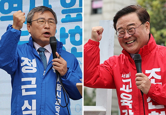 Left: Jung Keun-sik, the liberal candidate and honorary professor at Seoul National University, speaks at a campaign rally in Gwanak District, southern Seoul, on Tuesday. Right: Cho Jun-hyuk, the conservative candidate and former one-term lawmaker, greets residents at a campaign rally in Gangdong District, eastern Seoul, on Tuesday. [NEWS1, YONHAP]