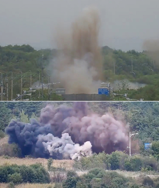 North Korea blowing up parts of the Gyeongui (top) and Donghae (bottom) roads connected to South Korea on Tuesday. [JOINT CHIEF OF STAFF]