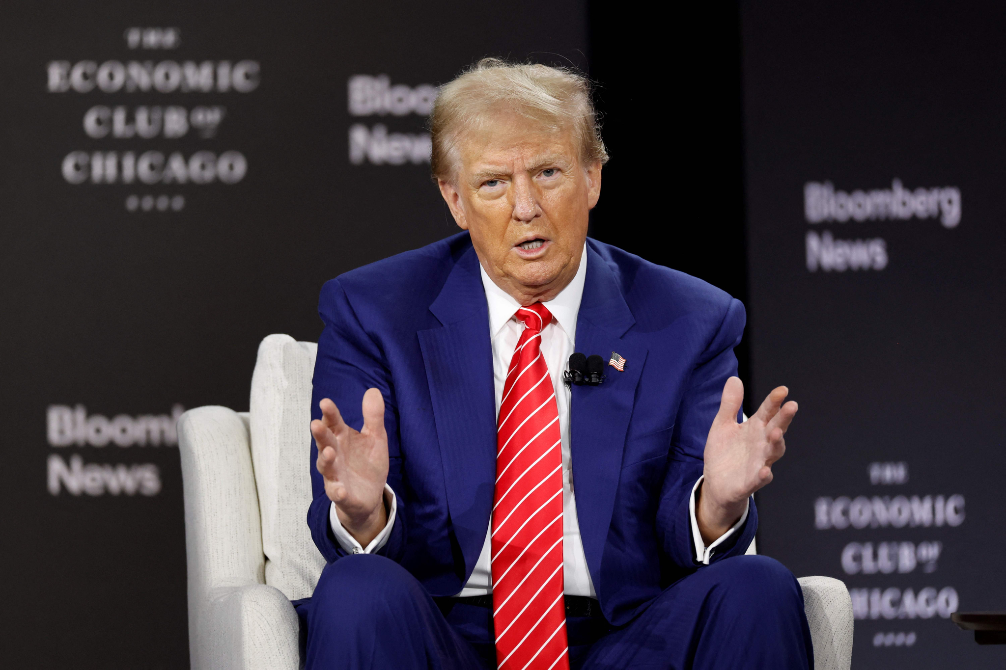 Former U.S. President Donald Trump speaks during an interview with Bloomberg Editor-in-Chief John Micklethwait at the Economic Club of Chicago in Chicago, Illinois, on Tuesday. [AFP/YONHAP]