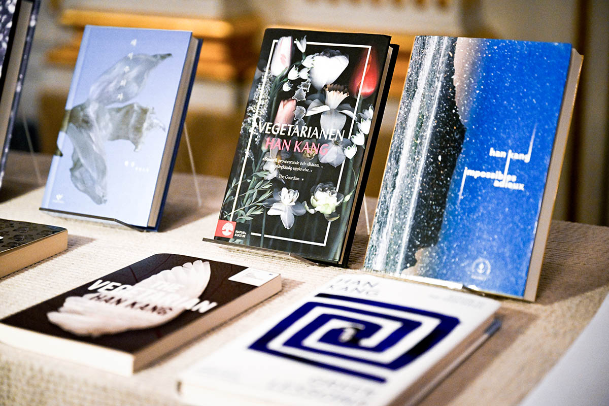 Books by the South Korean writer Han Kang displayed at the Swedish Academy in Stockholm, Thursday, Oct. 10, 2024. Kang has been awarded the Nobel Prize for Literature. [AP]