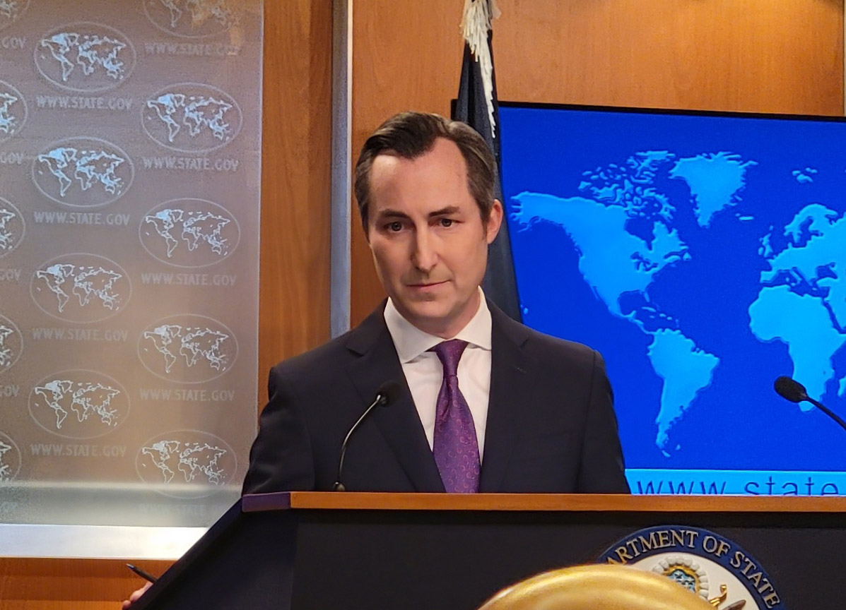 State Department spokesperson Matthew Miller speaking during a press briefing at the department in Washington on Feb. 27. [YONHAP]