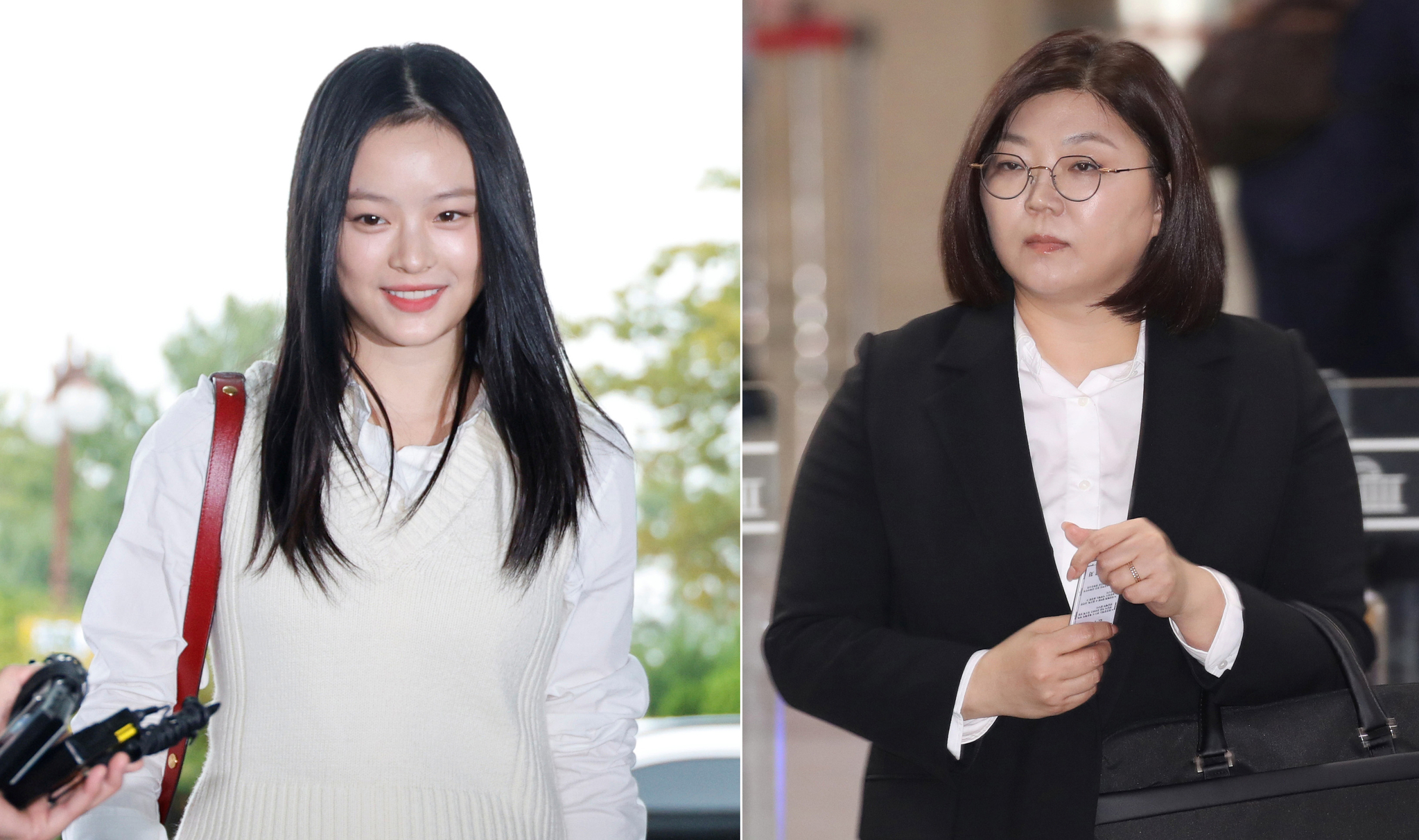 Hanni of girl group NewJeans, left, and ADOR CEO Kim Ju-young arrive at the National Assembly in western Seoul to attend a parliamentary audit by the Environment and Labor Committee on Oct. 15. [NEWS1]