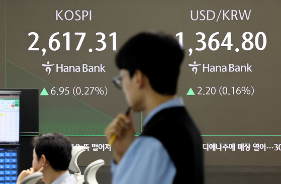 A screen in Hana Bank's trading room in central Seoul shows the Kospi opening on Thursday. [YONHAP] 