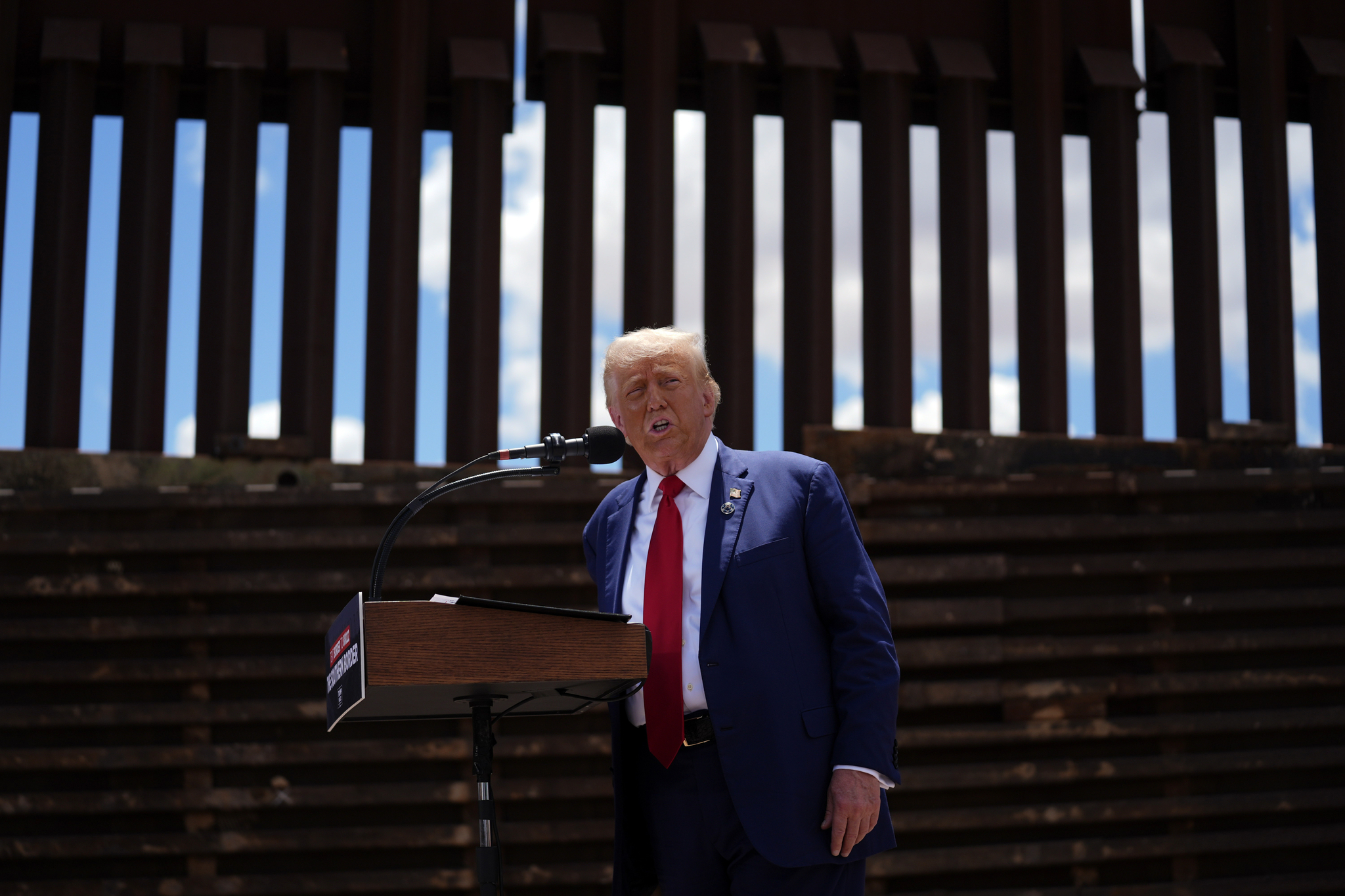 Republican presidential nominee, former President Donald Trump, speaks in Sierra Vista, Arizona, along the southern border with Mexico, on Aug. 22, 2024. [AP]