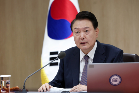 President Yoon Suk Yeol speaks during a cabinet meeting held at the presidential office in Yongsan District in central Seoul on Tuesday. [NEWS1]