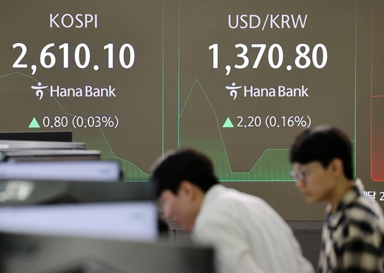 A screen in Hana Bank's trading room in central Seoul shows the Kospi opening on Friday. [YONHAP]