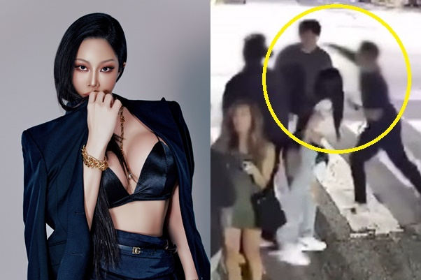 Rapper Jessi, left, and a screen capture of the CCTV footage that appears to show an unidentified person assaulting her fan [DOD, SCREEN CAPTURE]