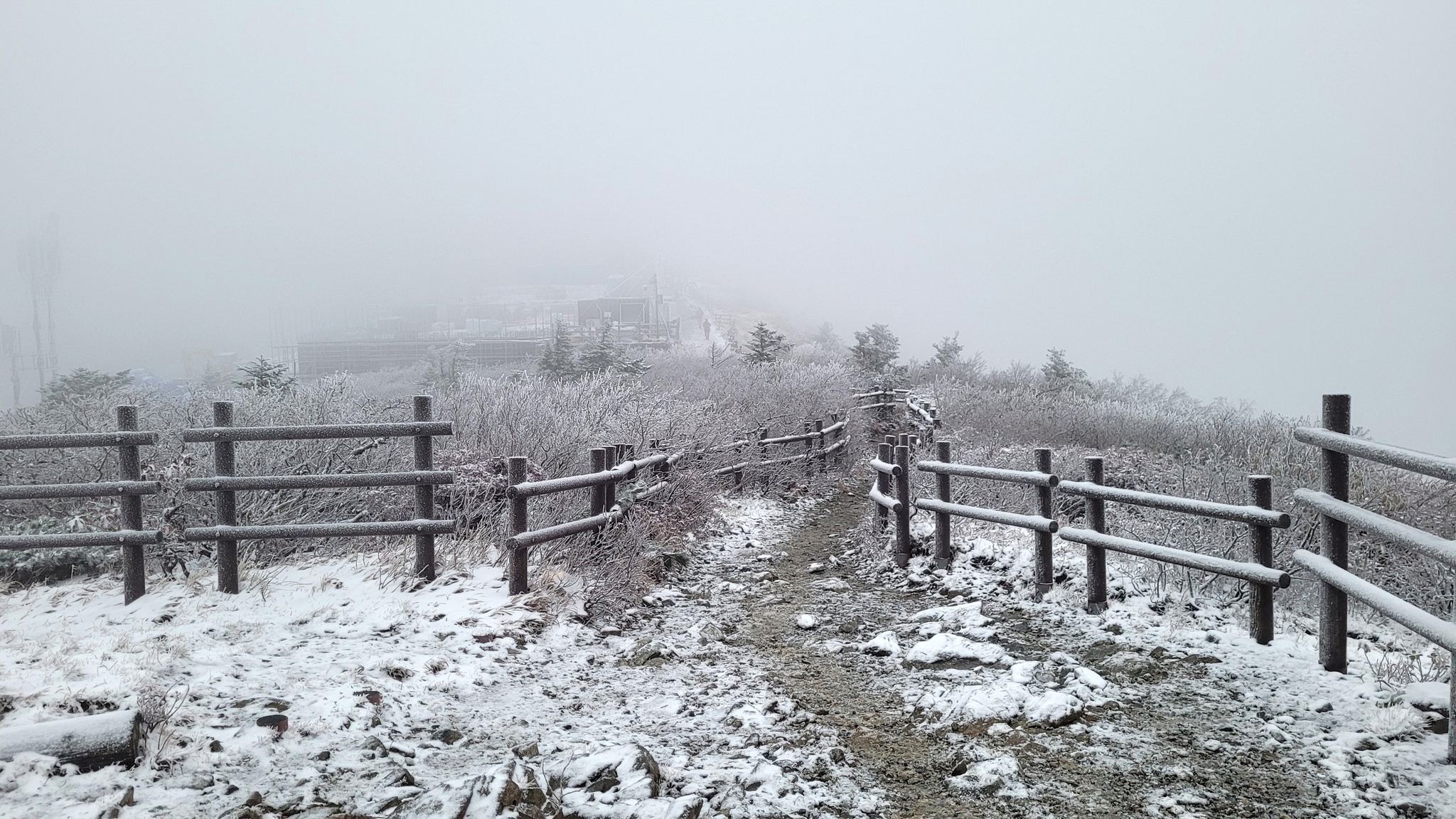 Snow covers the ground on Mount Seorak in Gangwon on Sunday morning. A branch office of the Korea National Park Service in Seorak-dong in Gangwon said the mountain received approximately one centimeter (0.39 inches) of snow between Saturday and Sunday. [SEORAKSAN NATIONAL PARK OFFICE]