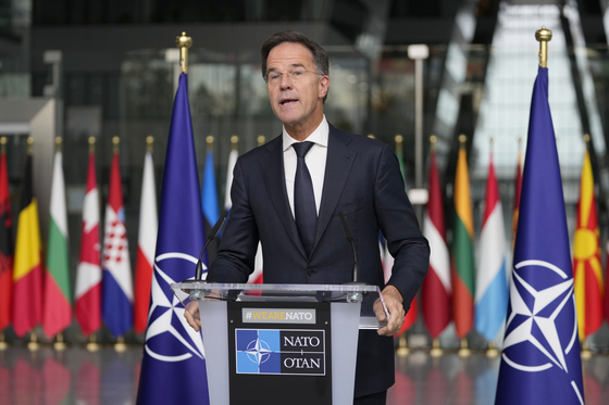 NATO Secretary General Mark Rutte speaks in a press briefing after a meeting with a South Korean delegation to discuss North Korea's troop deployment to Russia at NATO's headquarters in Brussels Monday. [AP/YONHAP]