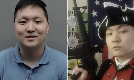 Mugshot of Yoo Heon-jong and an image of him posing next to Nazi symbols with a rifle [SMITH COUNTY JUDICIAL RECORDS/SCREEN CAPTURE]