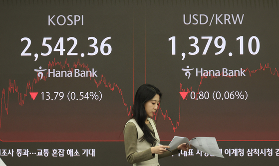 A screen in Hana Bank's trading room in central Seoul shows the Kospi closing at 2,542.36 points on Friday. [YONHAP]