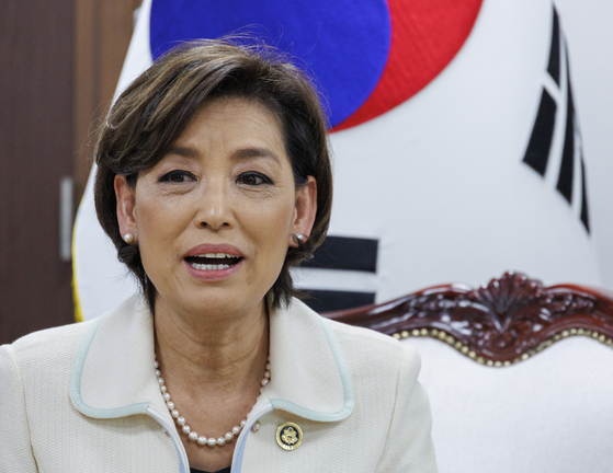 Rep. Young Kim speaking during a visit to South Korea's unification ministry in Seoul on March 25. [YONHAP] 