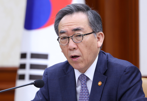 Foreign Minister Cho Tae-yul speaks during an interagency meeting held at the government complex in central Seoul on Thursday. [YONHAP] 