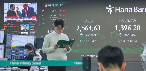 An electronic screen shows the Kospi and the won-dollar exchange rate at Hana Bank's dealing room in central Seoul on Thursday. The Kospi inched up by 1.12 points, or 0.04 percent, to close at 2,564.63 points, while the won-dollar exchange rate closed at 1,396.60 won as of 3:30 p.m., up 0.4 won from the previous session. [NEWS1]