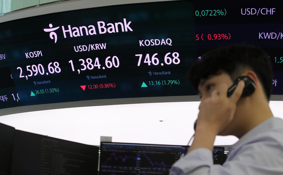 A screen in Hana Bank's trading room in central Seoul shows the Kospi opening on Friday. [NEWS1]