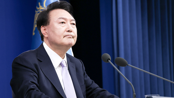 President Yoon Suk Yeol speaks during a press conference at the presidential office in central Seoul on Thursday. [JOINT PRESS CORPS]