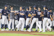 Catcher Park Sei-Hyok of Doosan Bears celebrates after hitting a