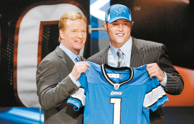 Georgia quarterback Matthew Stafford holds up his Detroit Lions jersey  after he is selected by the Lions as the number 1 overall pick at the 2009  NFL Draft at Radio City Music